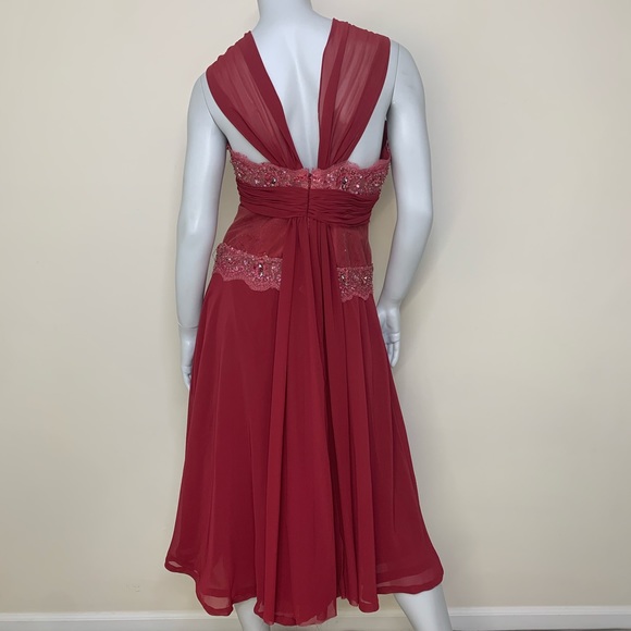 Cameron Blake Wine Formal Tea Length Beaded Dress - Picture 6 of 8